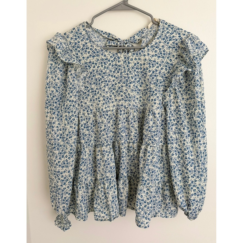 La Ven 2.7 August Apparel Blue Floral Tiered Ruffle Tie Back Blouse Boho XS